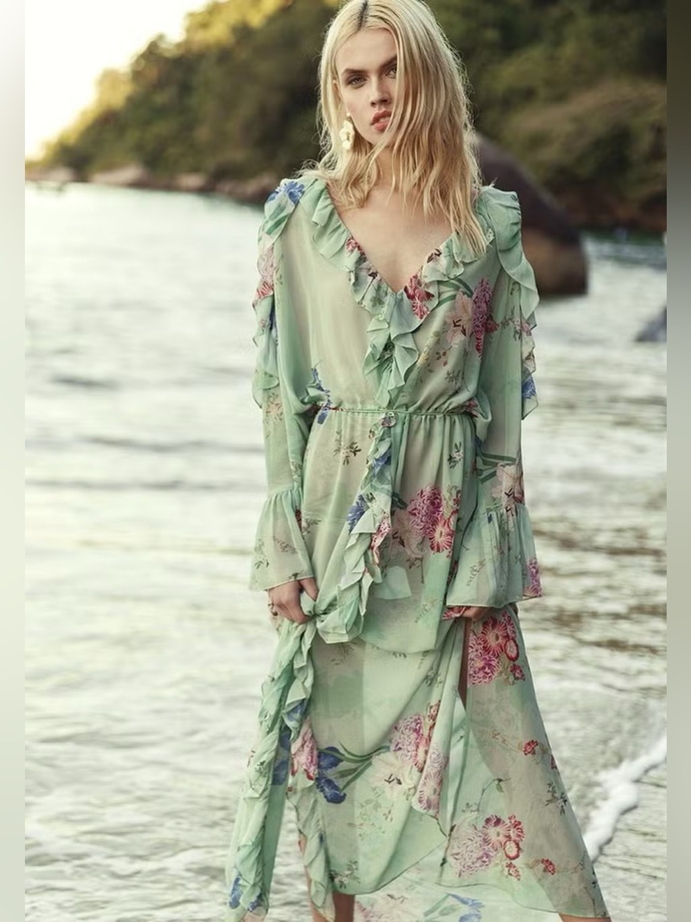 Light Green Floral Ruffle Long Sleeve Dress